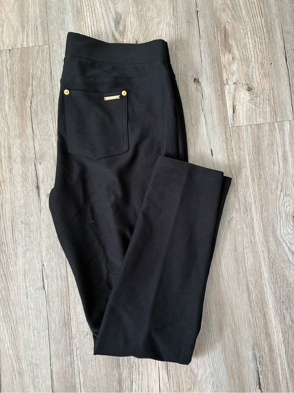 Michael Kors Black Ponte Knit Slim Straight Pants with Gold Accents